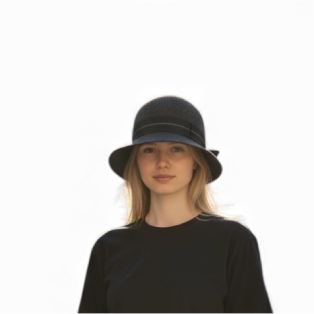 VINTAGE KATHY JEANNE CLOCHE Wool Grey-Charcoal Black Women's Hat with Ribbon Bow